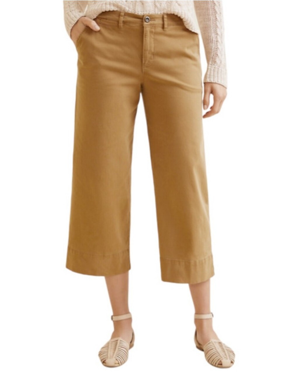 Garnet Hill Cropped Wide Leg Chinos Stretchy Khaki Twill Crop Pants Saddle Sz 14